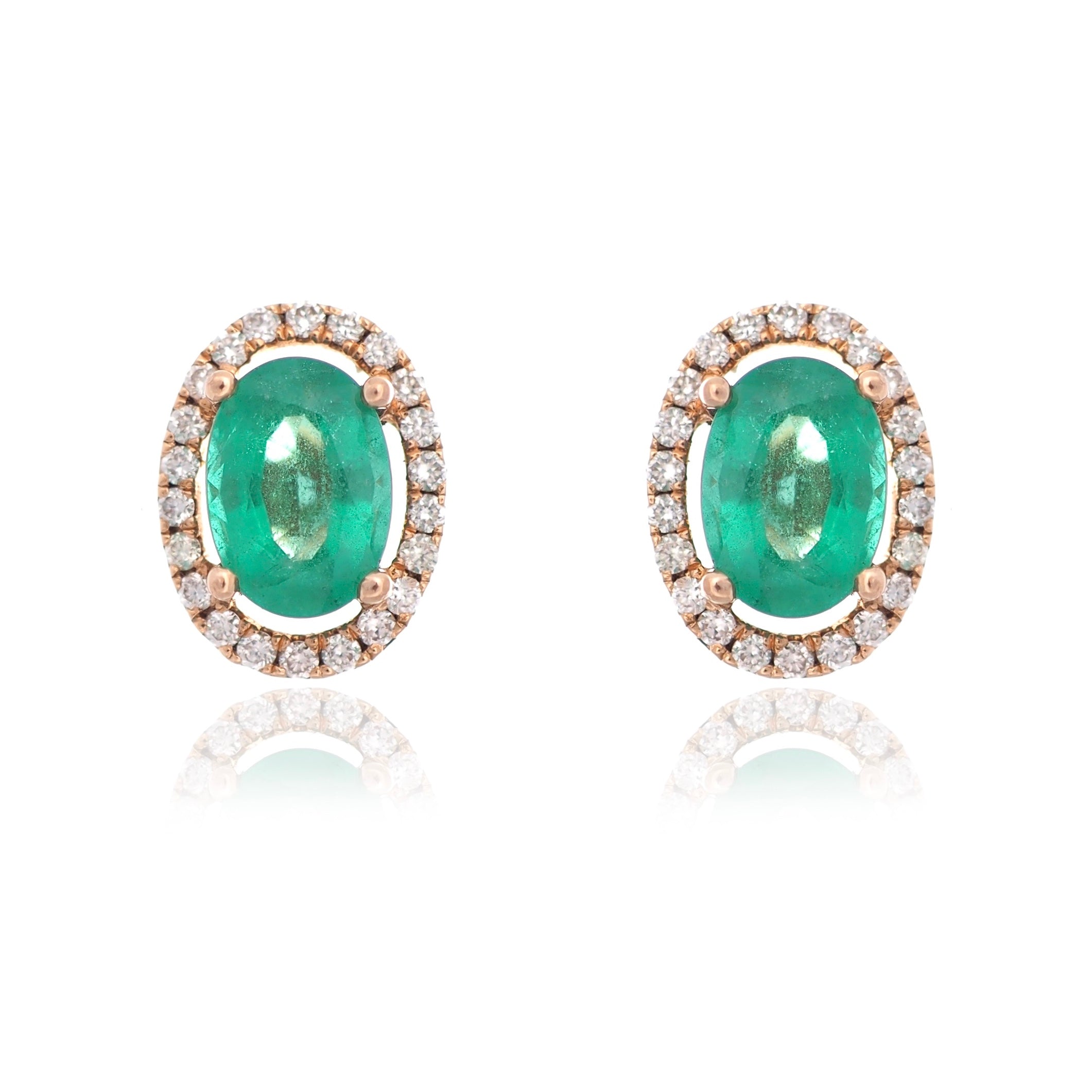 Oval Emerald and diamond halo earrings rose gold studs Harrogate jewellers Fogal and barnes