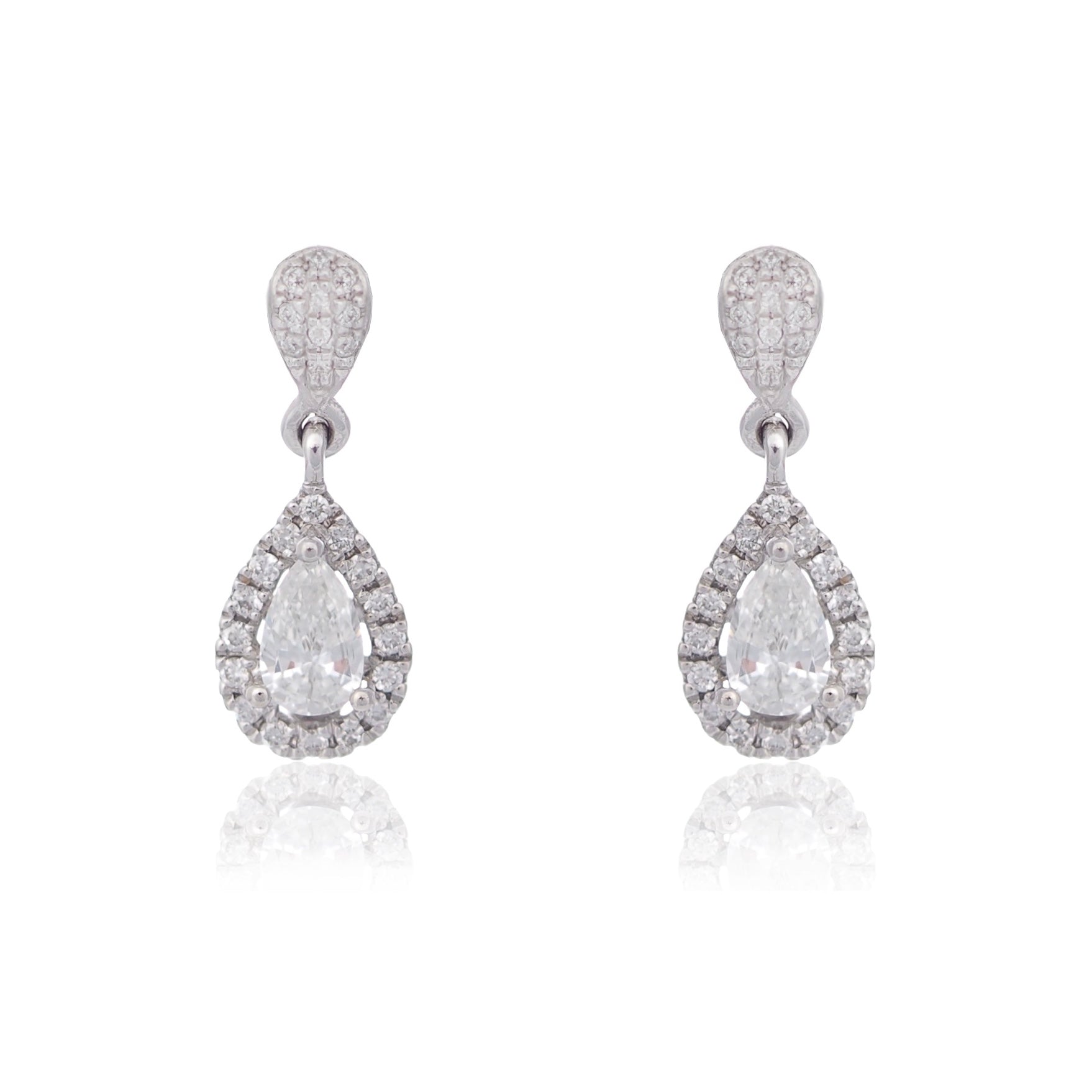 Pear cut diamond halo drop earrings dear drop white gold Harrogate jewellers Fogal and barnes