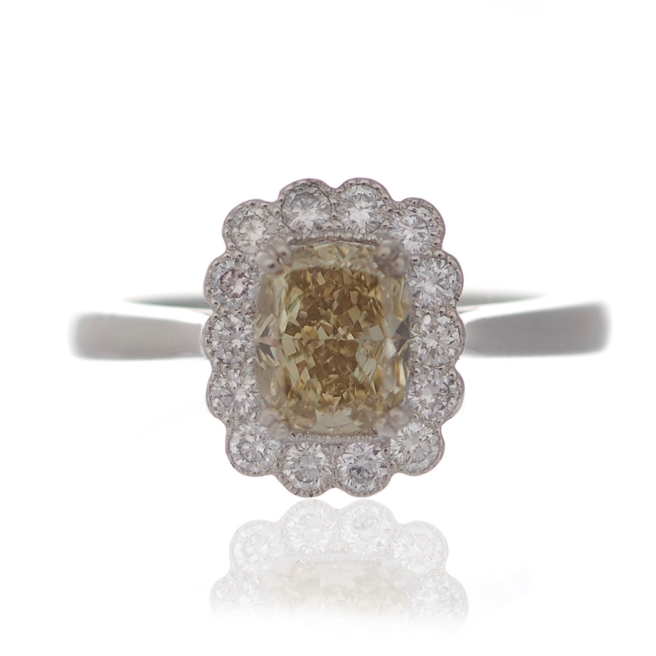 Fancy yellow diamond cluster ring engagement white gold Harrogate jewellers Fogal and barnes