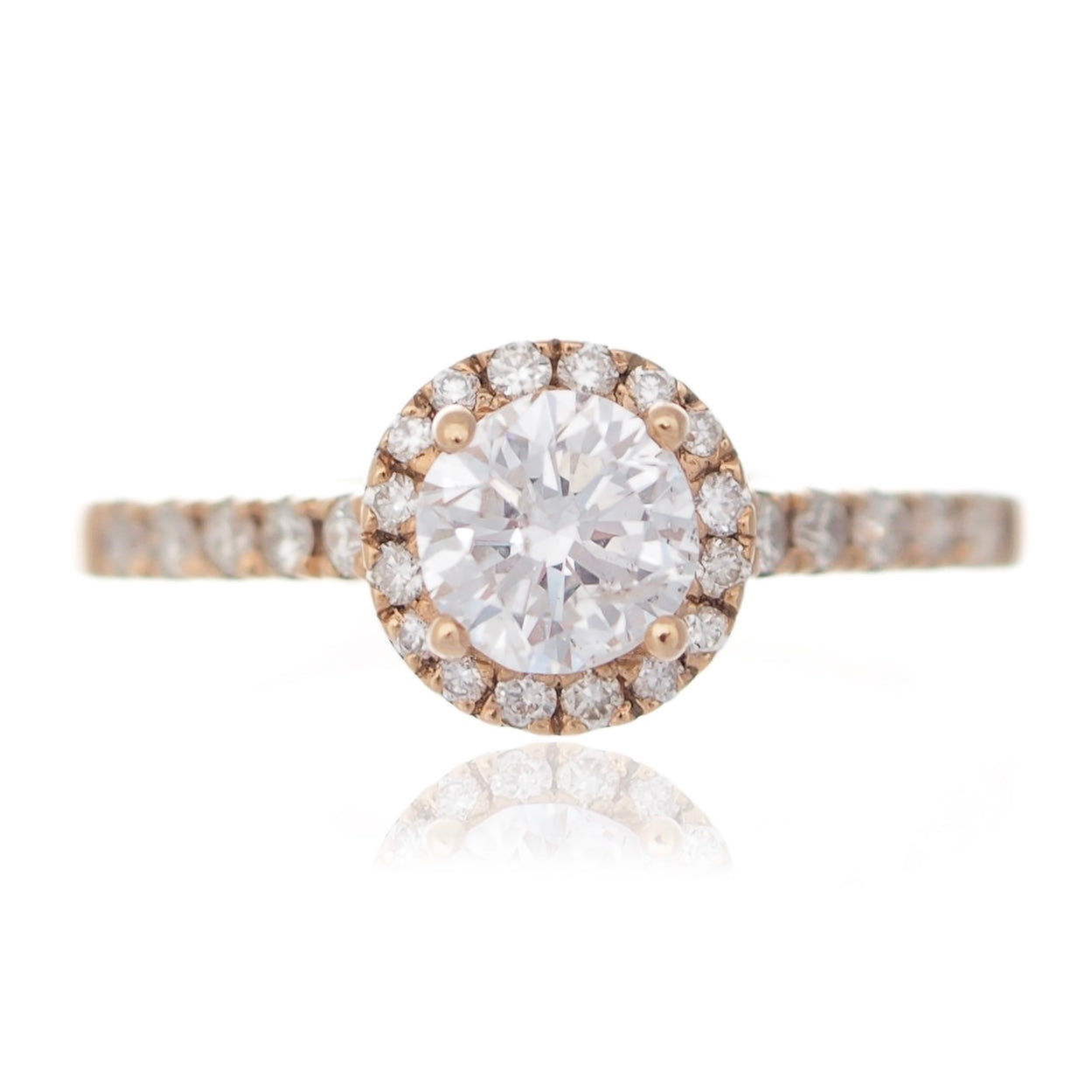 Round brilliant diamond pave halo rose gold  diamond shoulders Harrogate jewellers Fogal and barnes