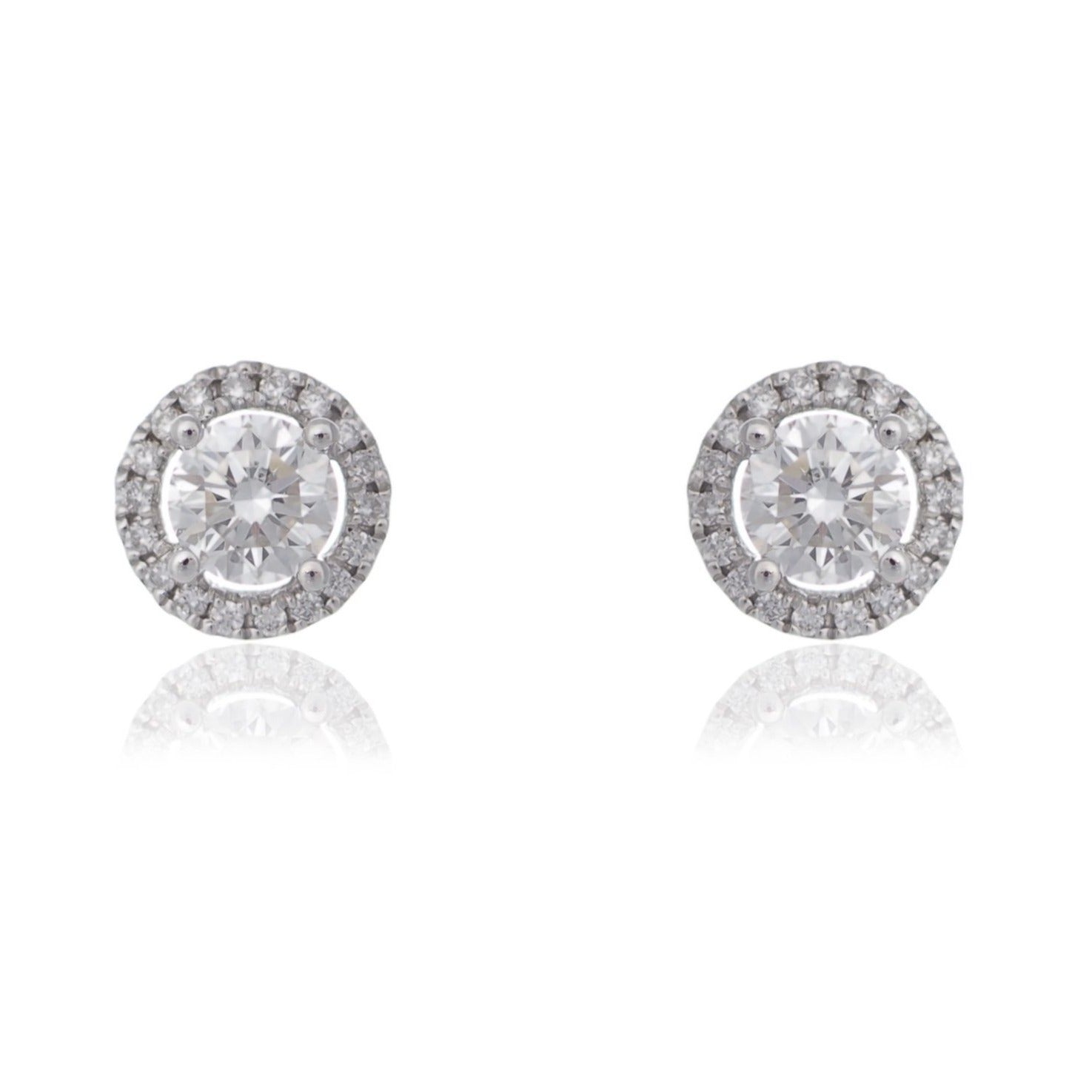 Classic round brilliant diamond stud earrings diamond halo white gold Harrogate jewellers Fogal and barnes