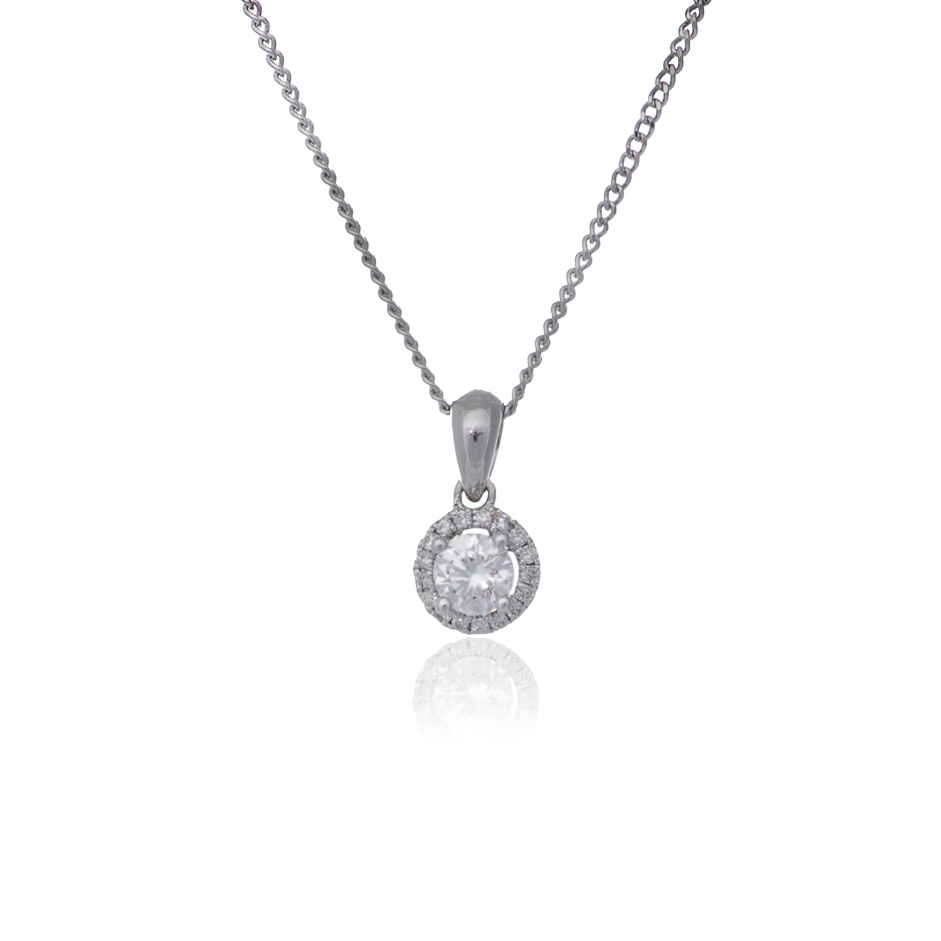 Round brilliant diamond halo pendant necklace white gold Harrogate jewellers Fogal and barnes