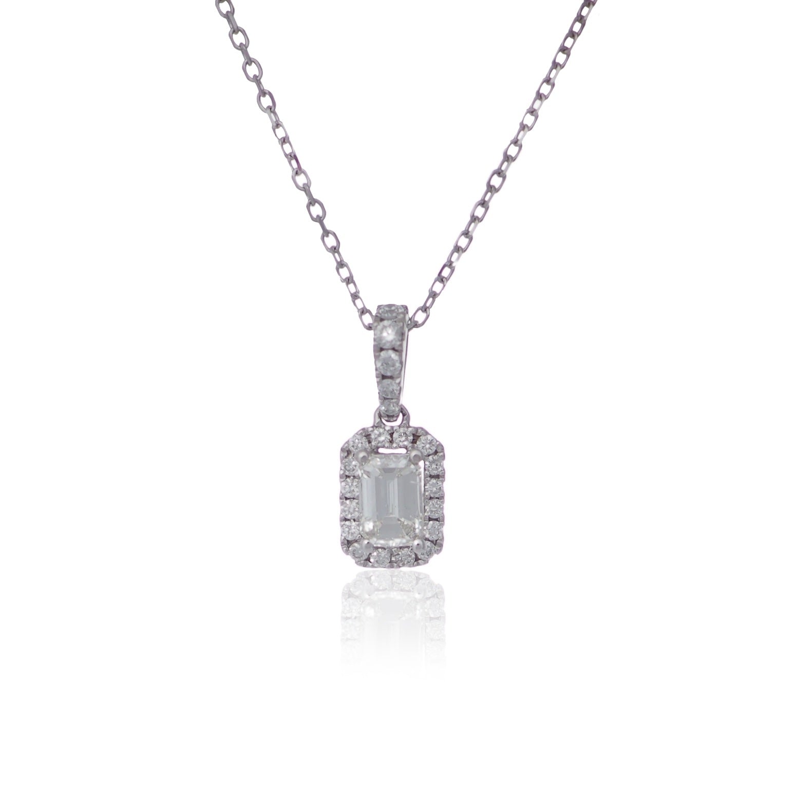 Emerald cut diamond halo drop pendant white gold Harrogate jewellers Fogal and barnes
