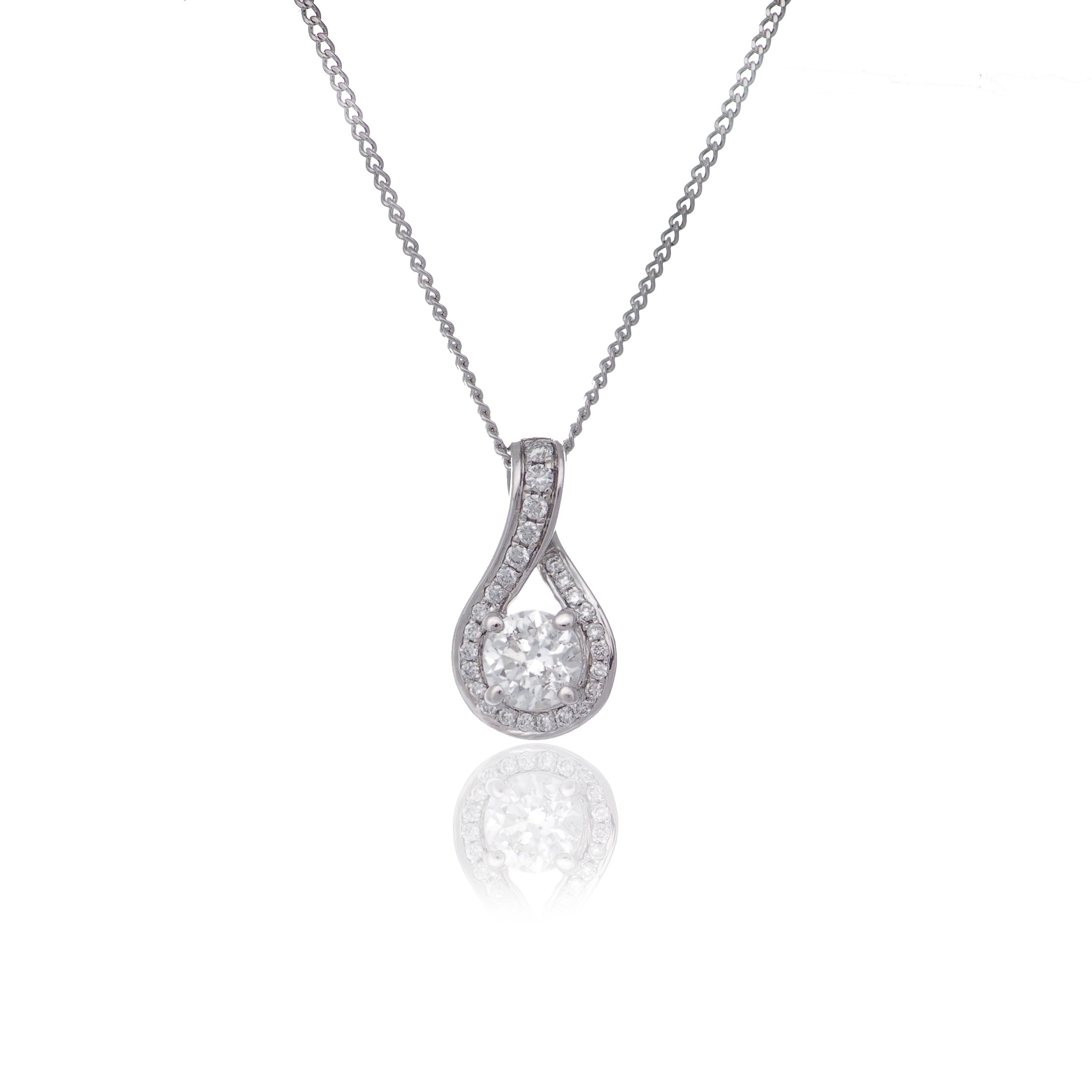 Round brilliant diamond halo on twisted diamond setting white gold pendant necklace Harrogate jewellers Fogal and barnes