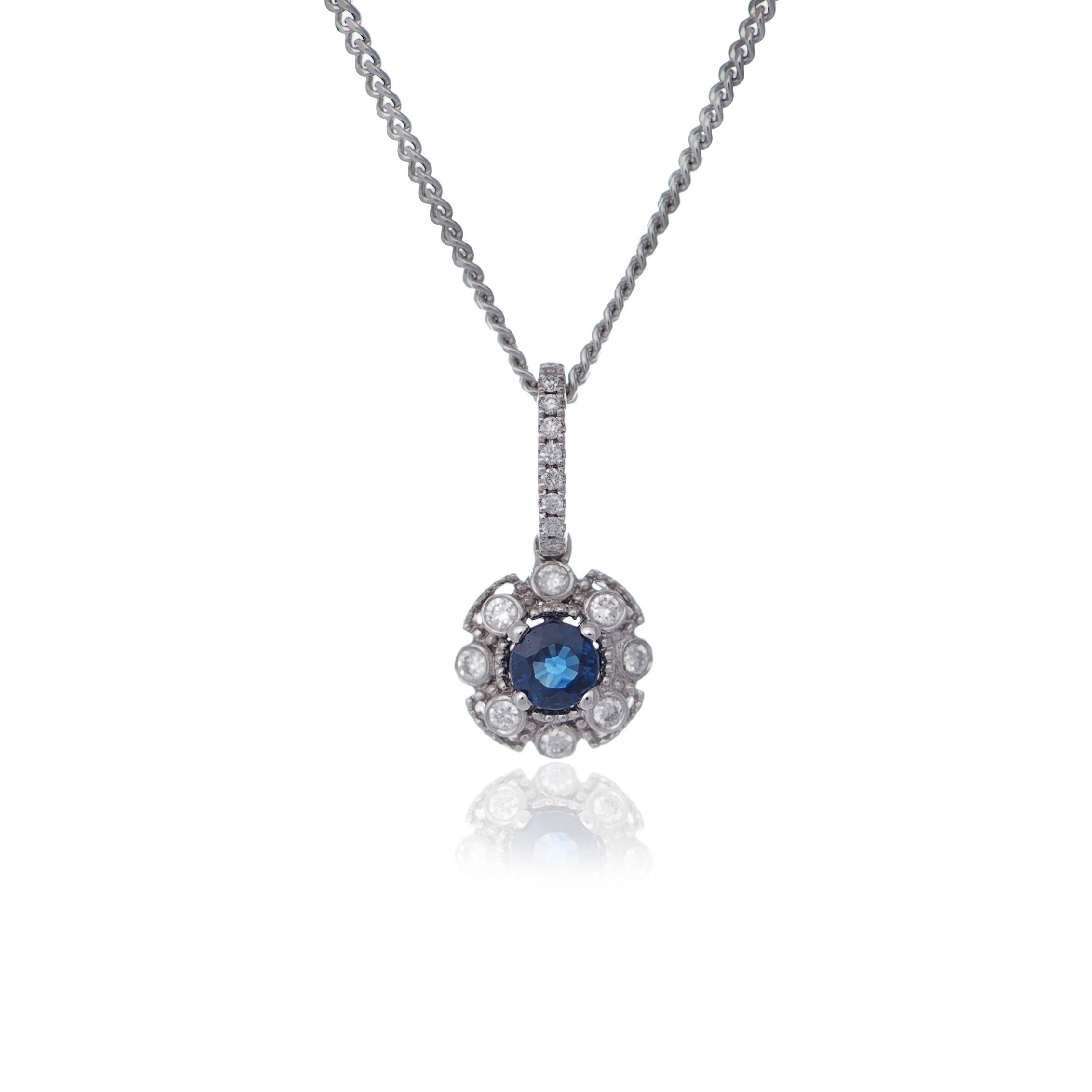 Sapphire and Diamond Pendant necklace White Gold Harrogate Jewellers Fogal and Barnes