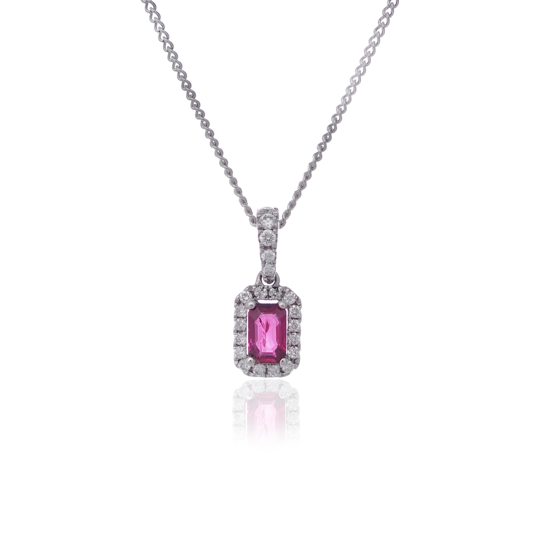 Emerald cut Ruby and diamond pendant necklace white gold Harrogate jewellers Fogal and barnes
