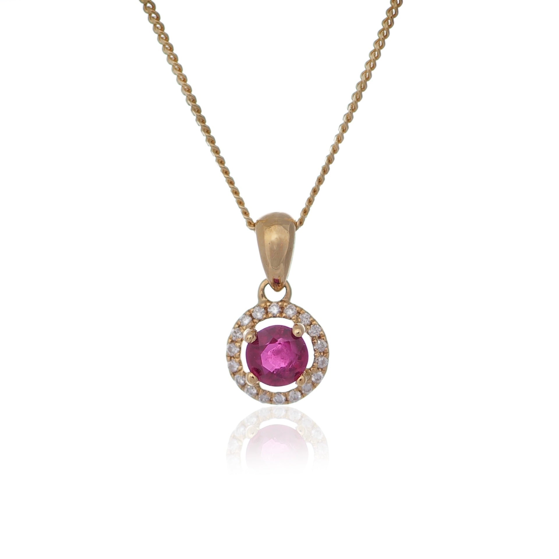 Round Ruby and diamond halo pendant necklace yellow gold Harrogate jewellers Fogal and Barnes