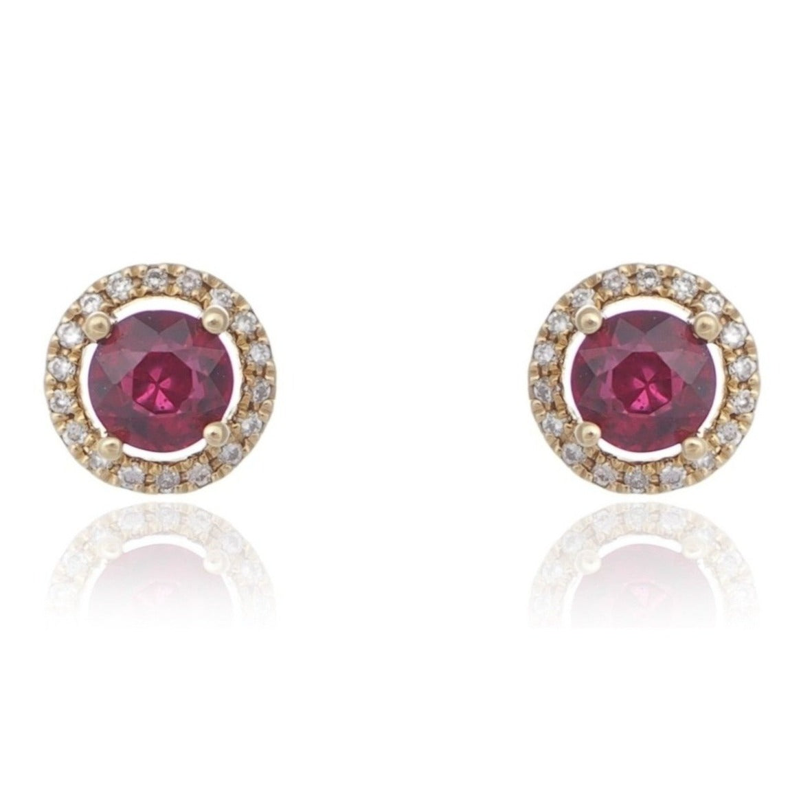 Round Ruby and diamond halo earrings yellow gold Harrogate jewellers Fogal and Barnes