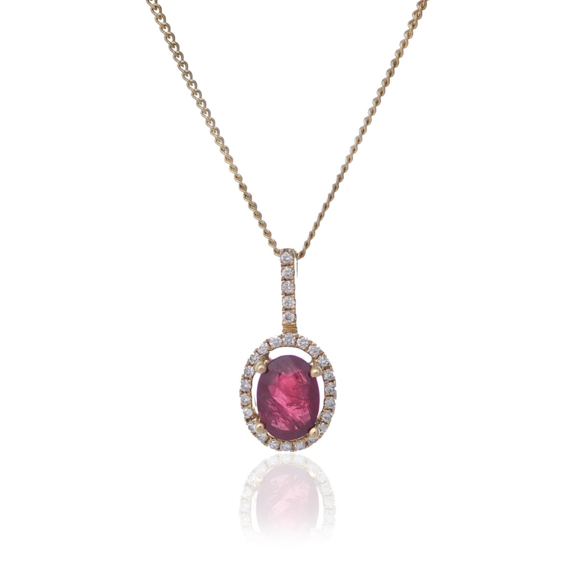 Oval Ruby diamond halo drop pendant yellow gold necklace Harrogate jewellers Fogal and barnes