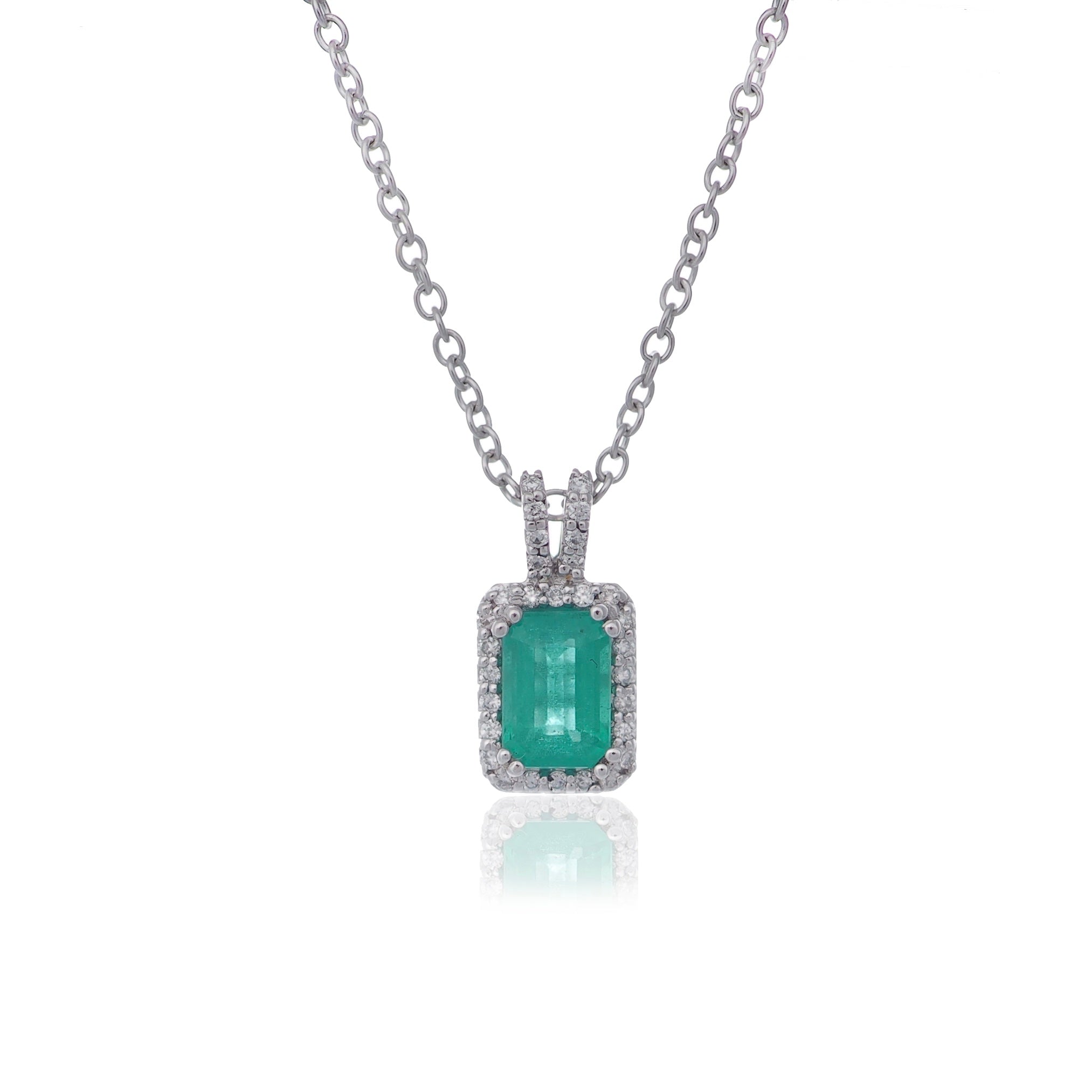 Emerald cut Emerald and Diamond necklace  pendant white gold Harrogate Jewellers  Fogal and Barnes