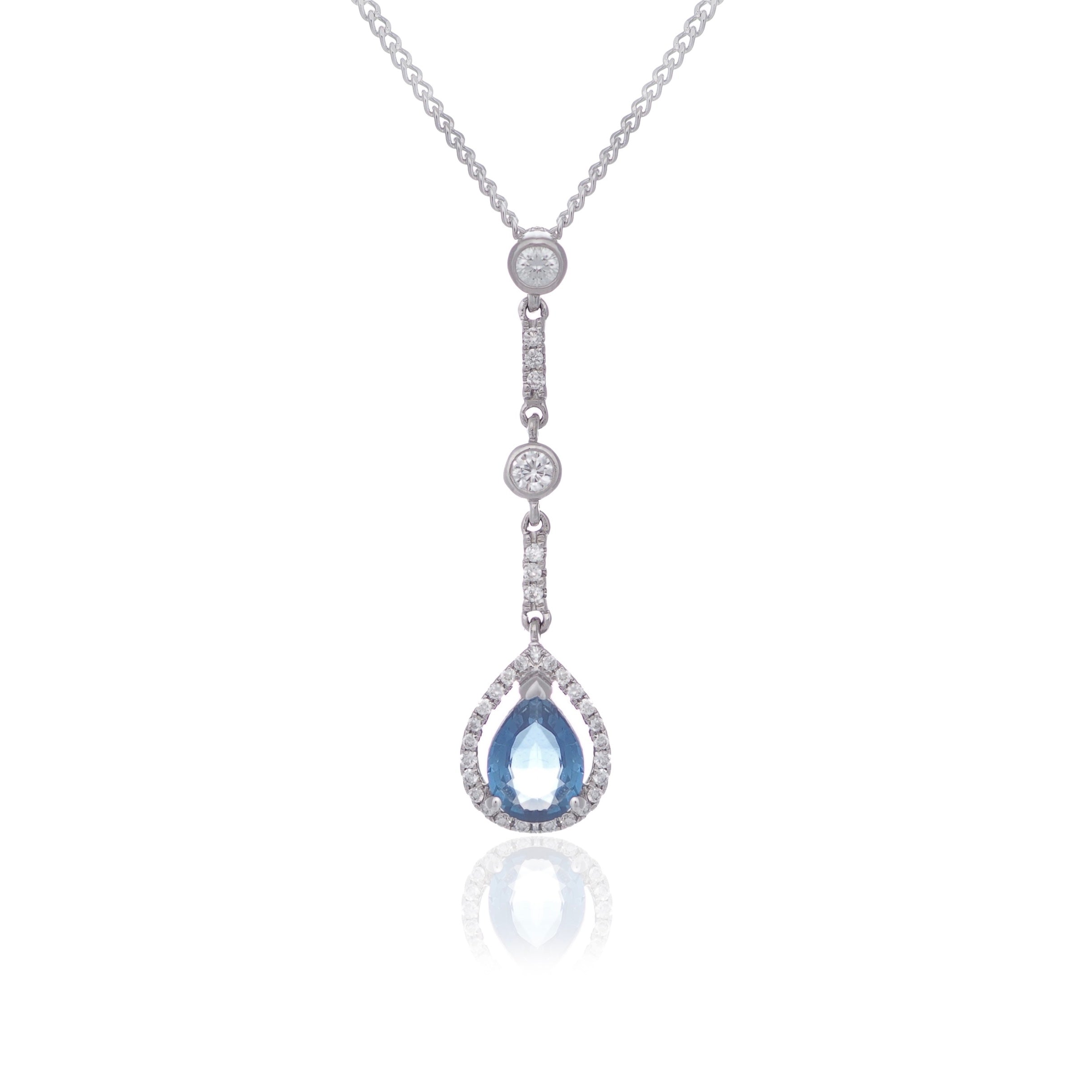 Pear Sapphire and Diamond drop pendant white gold Harrogate Jewellers Fogal and Barnes
