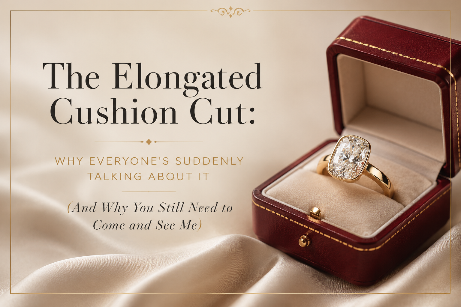 A classic and elegant horizontal blog cover featuring an elongated cushion-cut diamond ring in a yellow gold setting, displayed in an open vintage red jewellery box against a soft neutral satin background.