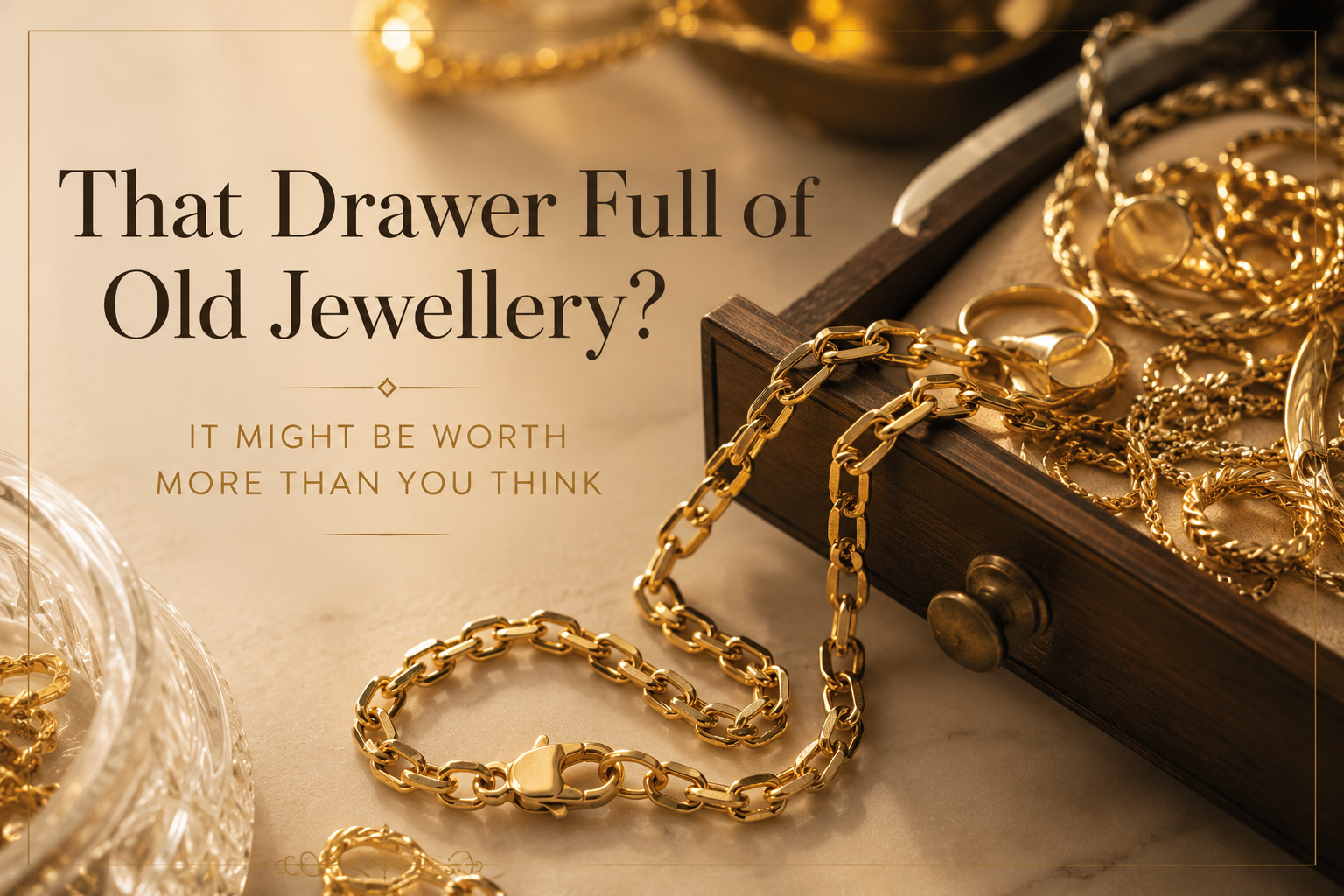 Header image for Fogal & Barnes blog about selling gold in Harrogate — a vintage wooden drawer spilling over with gold chains, bracelets and rings, with the blog title overlaid: "That Drawer Full of Old Jewellery? It Might Be Worth More Than You Think"