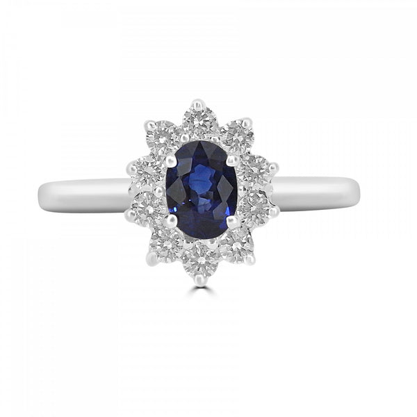 OVAL  SAPPHIRE AND DIAMOND CLUSTER ENGAGEMENT RING
