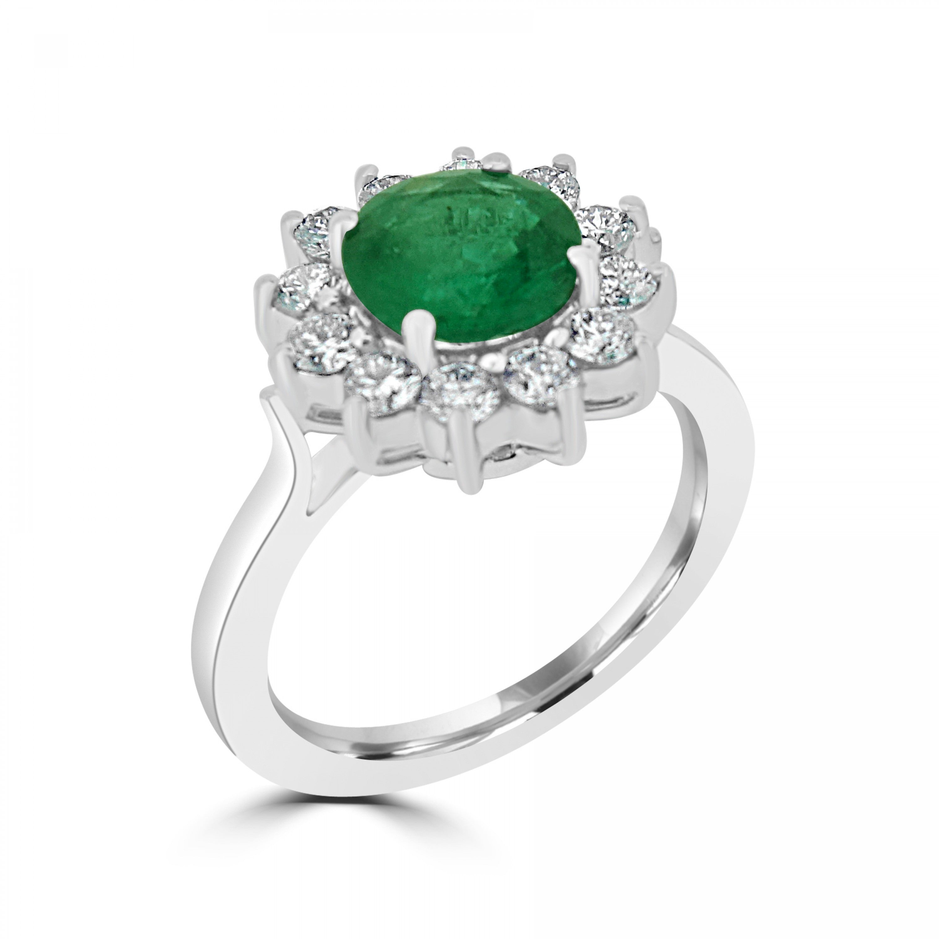 ROUND EMERALD AND DIAMOND CLUSTER ENGAGEMENT  RING
