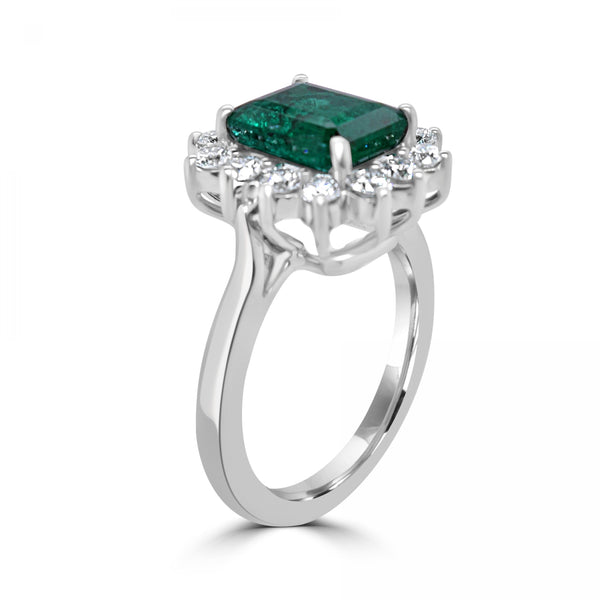 EMERALD AND DIAMOND CLUSTER ENGAGEMENT RING
