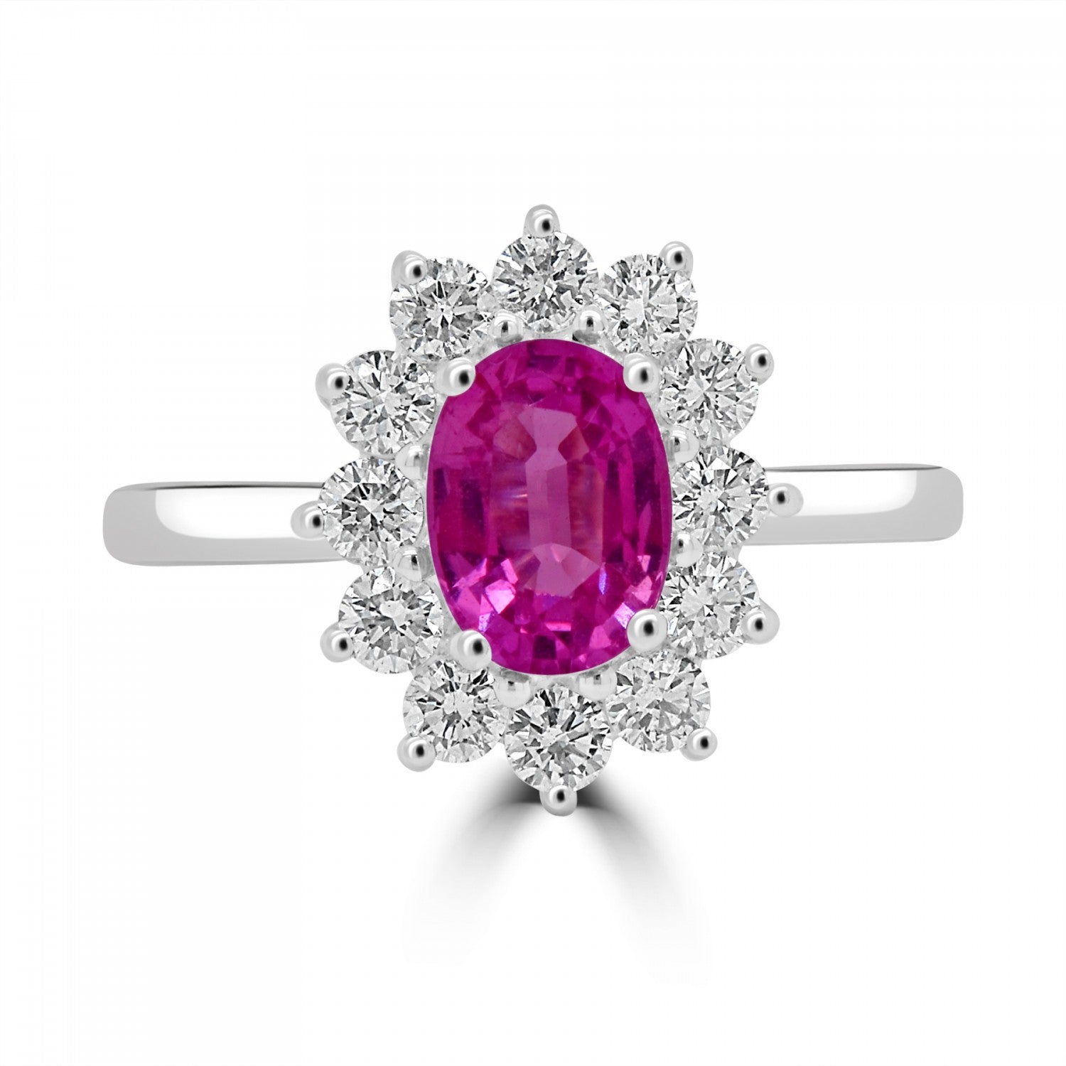 OVAL CUT PINK SAPPHIRE AND DIAMOND WHITE GOLD CLUSTER RING