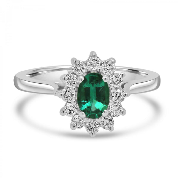 OVAL EMERALD AND DIAMOND CLUSTER ENGAGEMENT RING