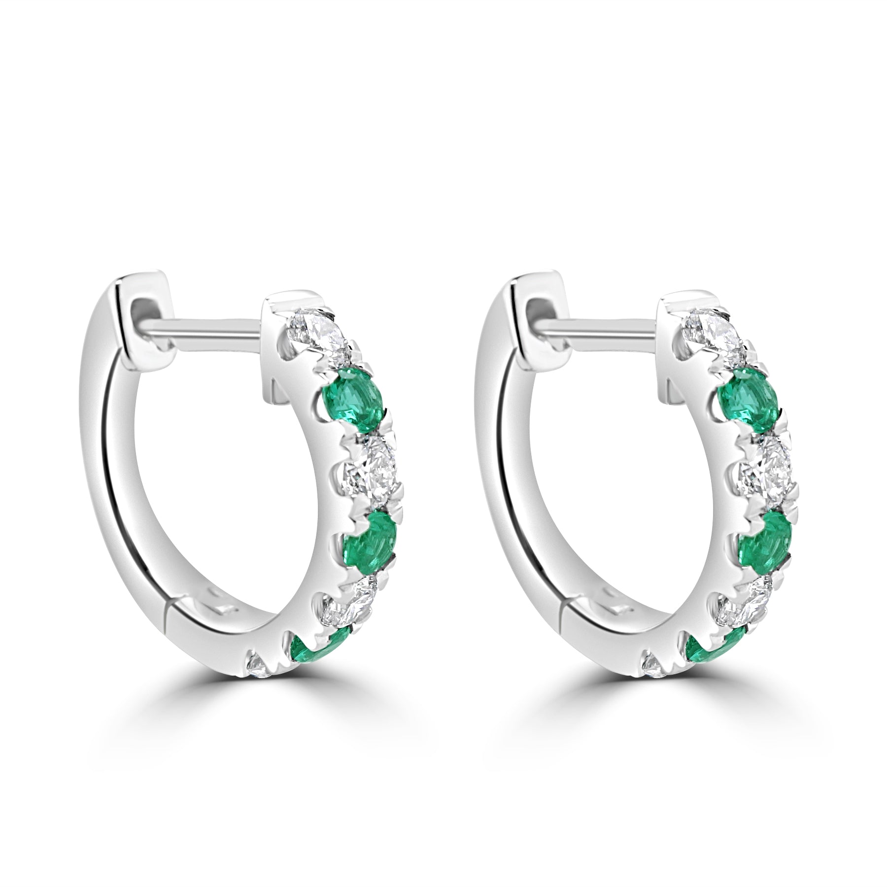 18K WHITE GOLD EMERALD AND DIAMOND HOOP EARRINGS