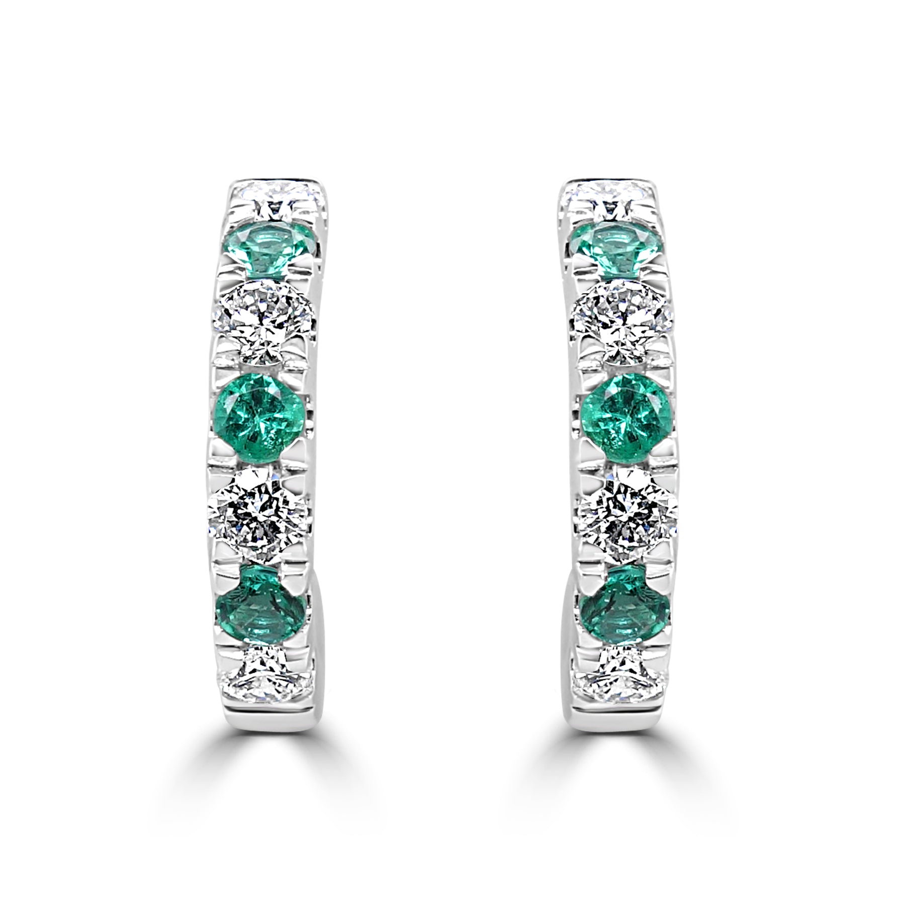 18K WHITE GOLD EMERALD AND DIAMOND HOOP EARRINGS