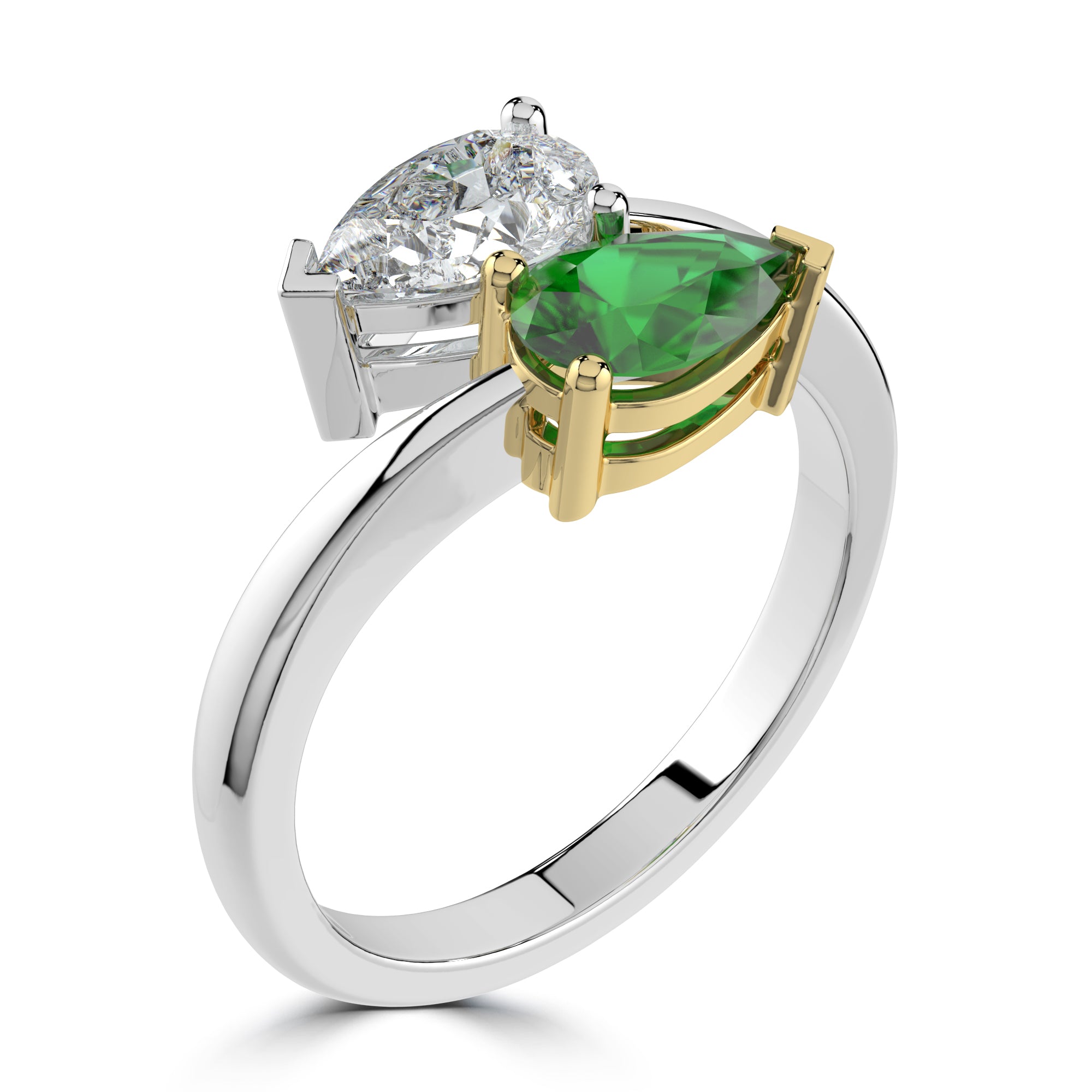 PEAR CUT EMERALD AND DIAMOND TOI ET MOI RING