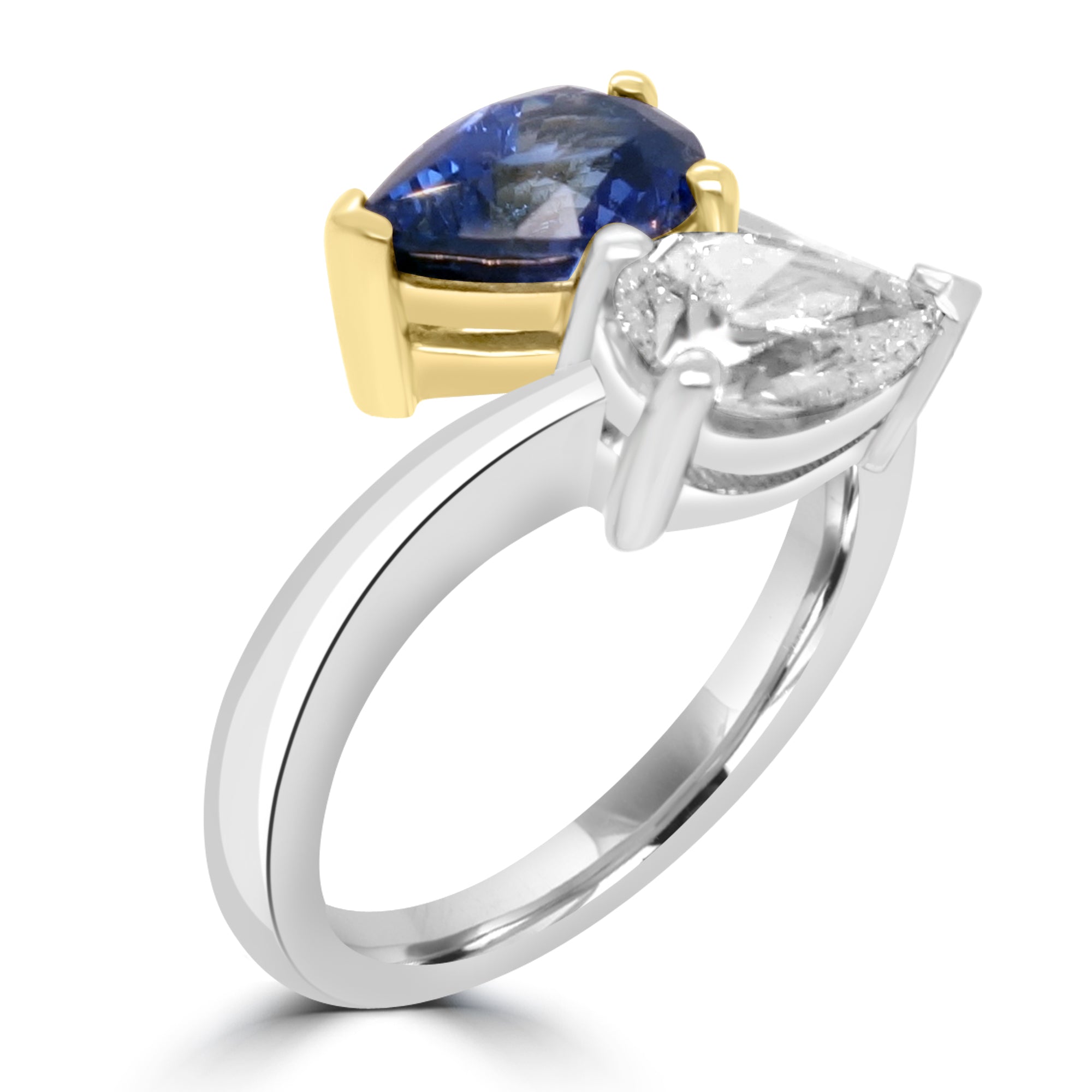 Pear cut tio et moi diamond and sapphire engagement ring Harrogate 2.46ct Fogal and Barnes Fine Jewellers Platinum and yellow old head 