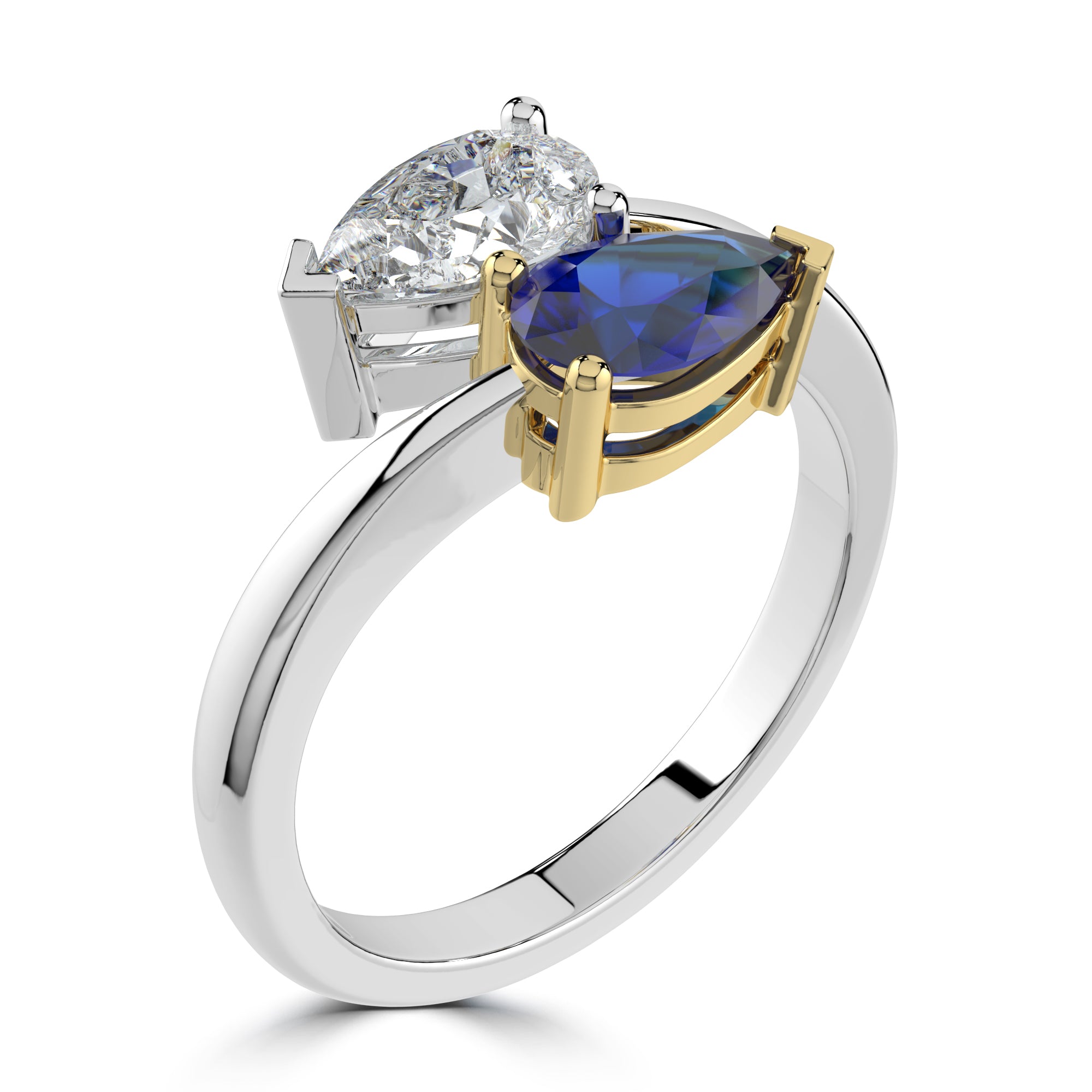 Pear cut tio et moi diamond and sapphire engagement ring Harrogate 2.46ct Fogal and Barnes Fine Jewellers Platinum and yellow old head 