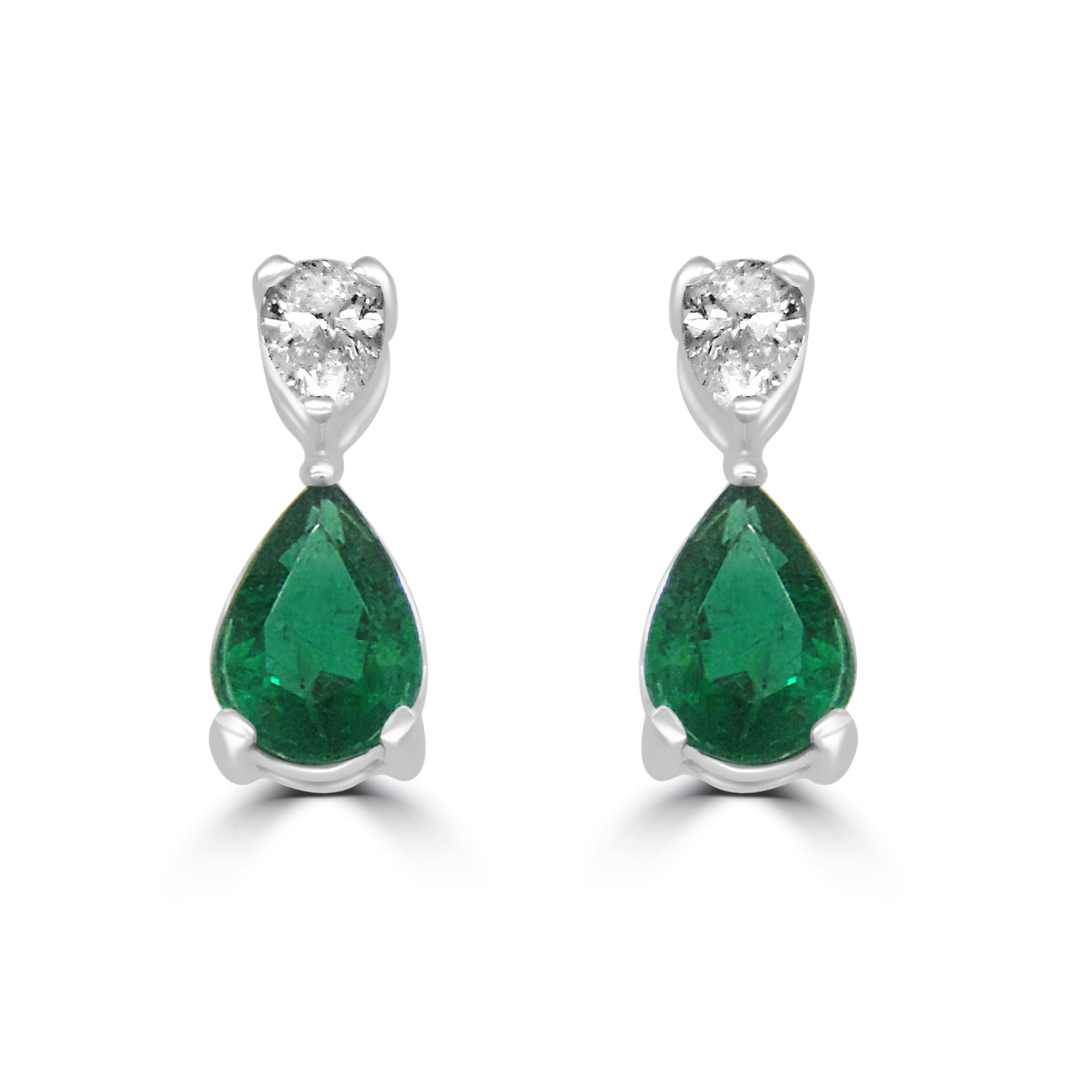 18CT WHITE GOLD PEAR EMERALD AND DIAMOND DROP EARRINGS