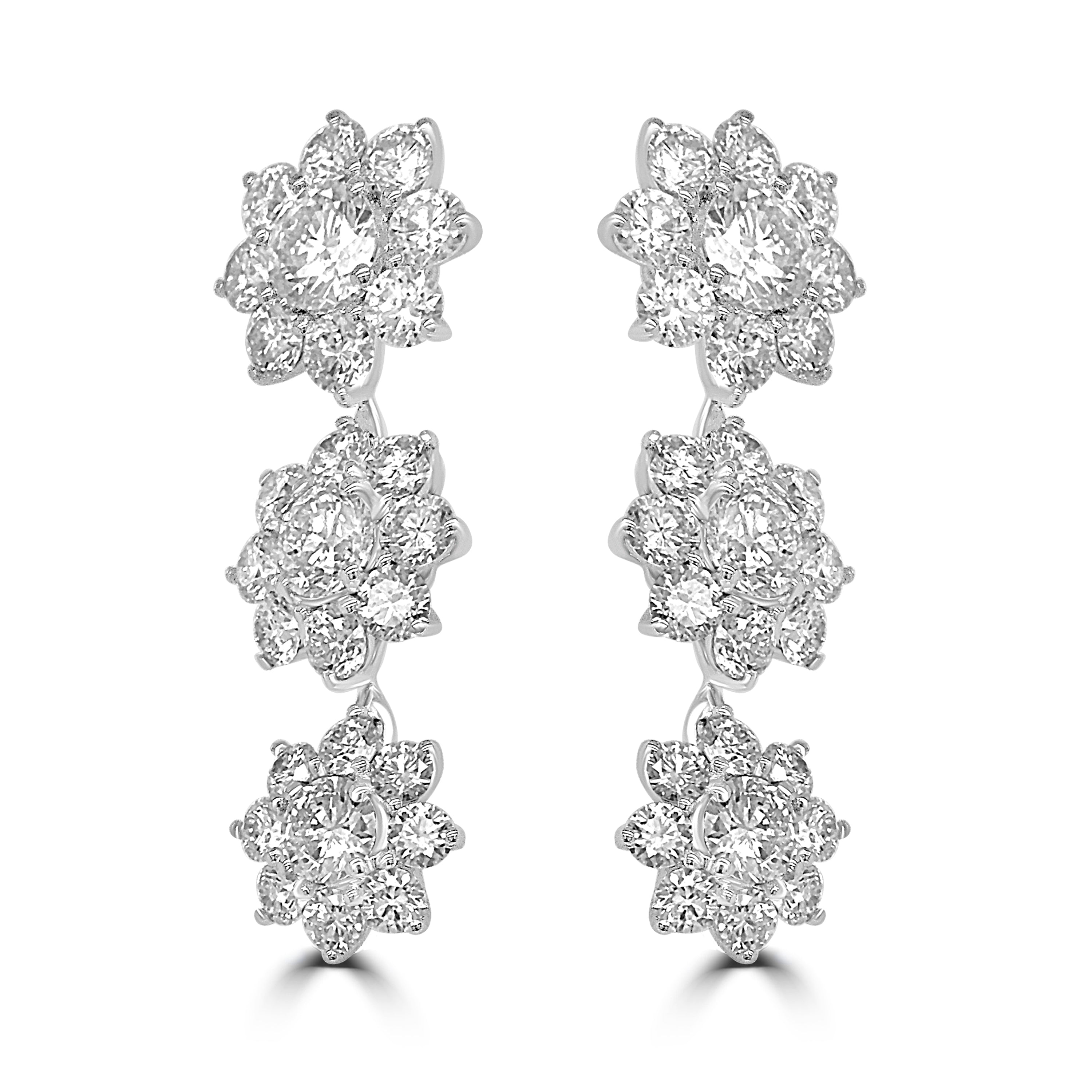 18K GOLD 3 FLOWER CLUSTER DIAMOND DROP EARRINGS