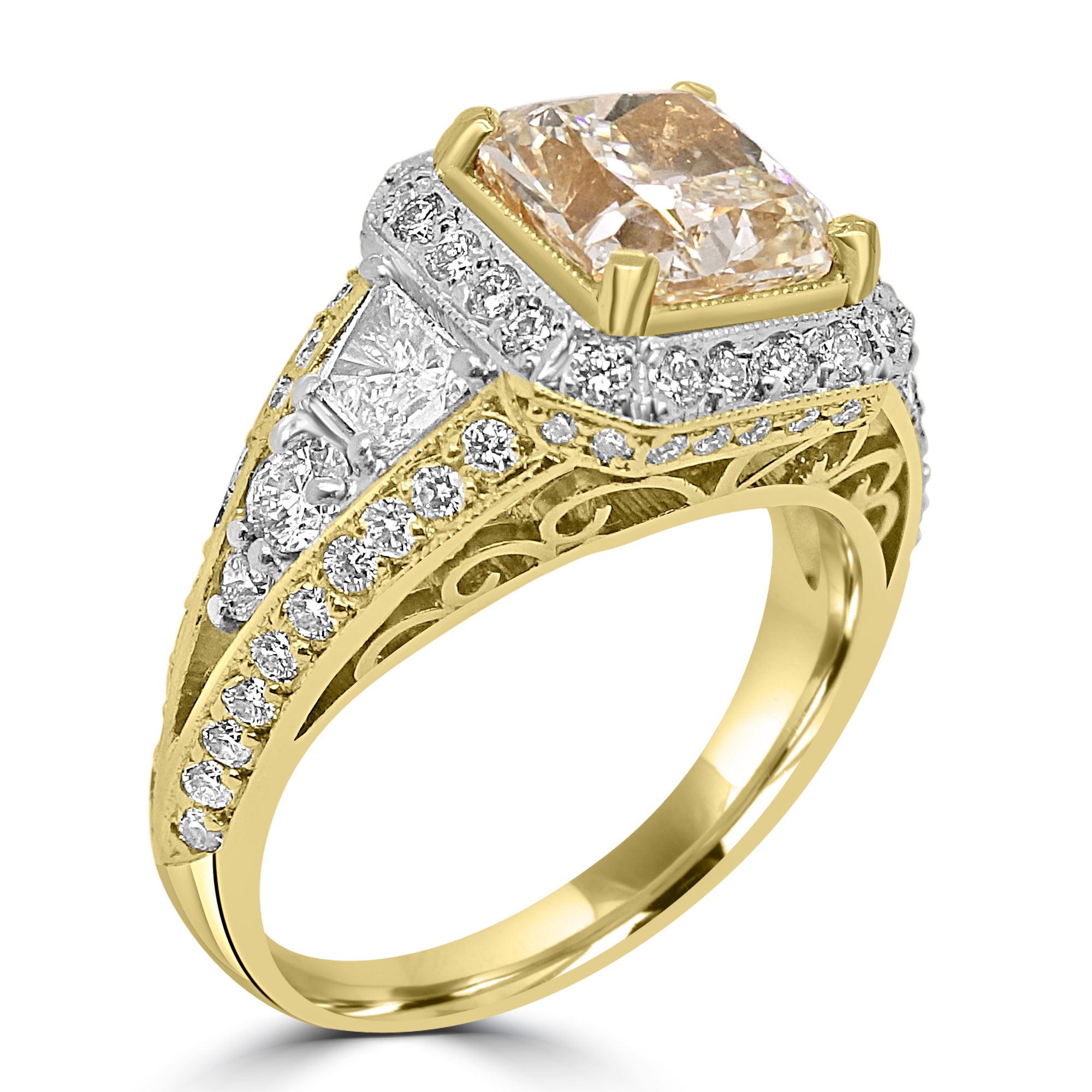 Radiant Cut Yellow Diamond Art Deco Halo Engagement Ring Harrogate Fogal and Barnes Fine Jewellers 2 tone yellow and white gold Ring