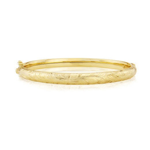 SOLID 9CT YELLOW GOLD HAND ENGRAVED BANGLE