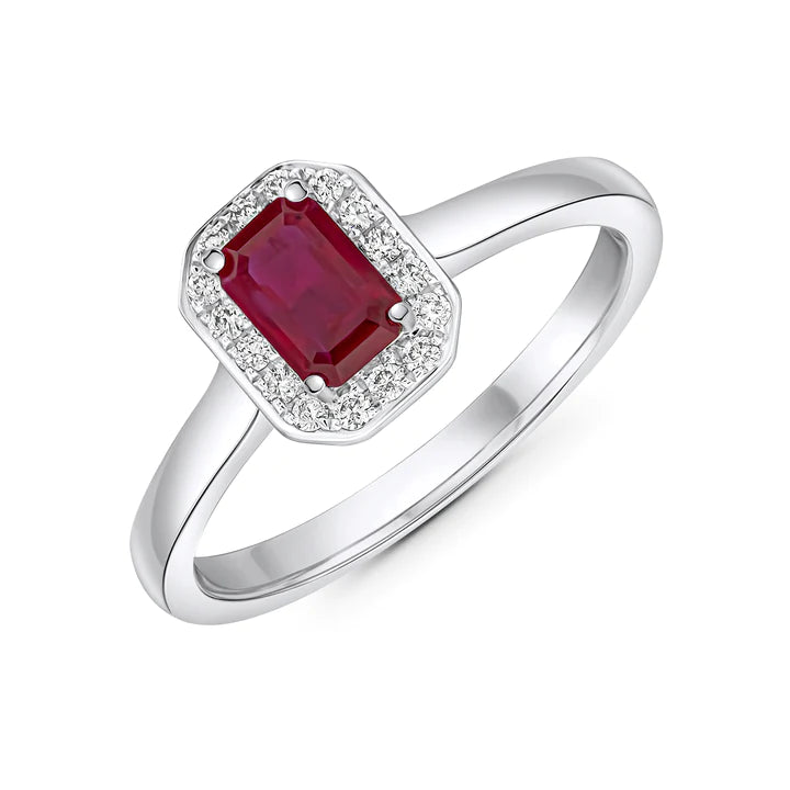 OCTAGONAL RUBY AND DIAMOND CLUSTER ENGAGEMENT RING