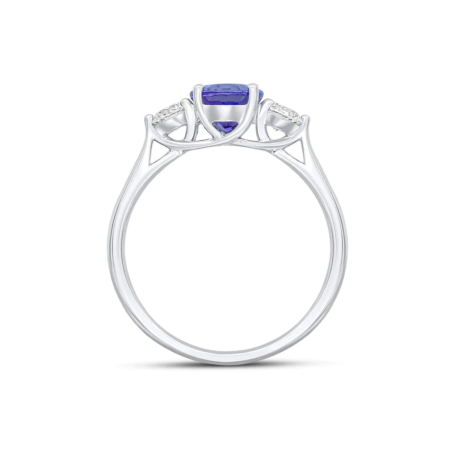 OVAL TANZANITE & ROUND DIAMOND TRILOGY ENGAGEMENT RING