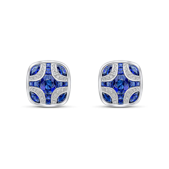 SAPPHIRE AND DIAMOND SHIELD STUD EARRINGS IN 18 CT WHITE GOLD