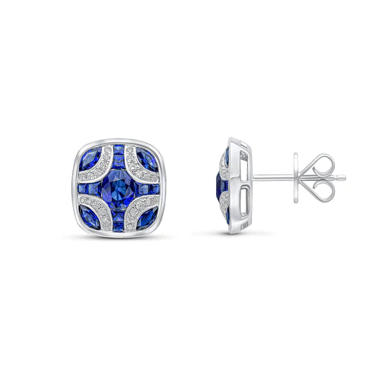 SAPPHIRE AND DIAMOND SHIELD STUD EARRINGS IN 18 CT WHITE GOLD