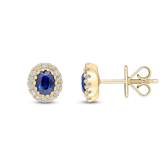 OVAL SAPPHIRE AND DIAMOND CLUSTER EARRINGS IN 18CT YELLOW GOLD