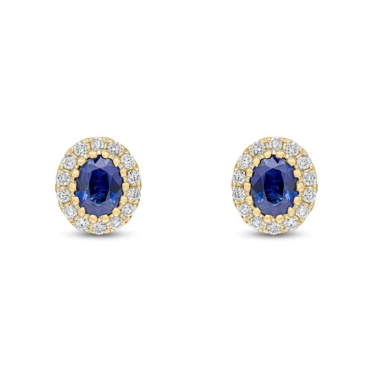 OVAL SAPPHIRE AND DIAMOND CLUSTER EARRINGS IN 18CT YELLOW GOLD
