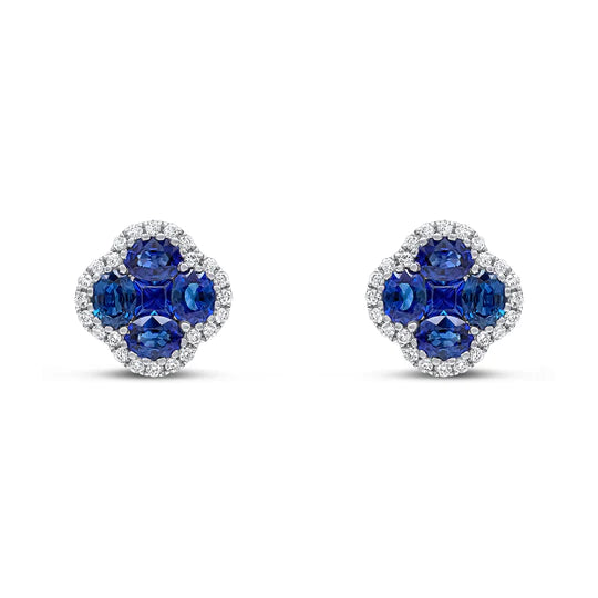 OVAL AND SQUARE SAPPHIRE AND DIAMOND QUATREFOIL STUD EARRINGS