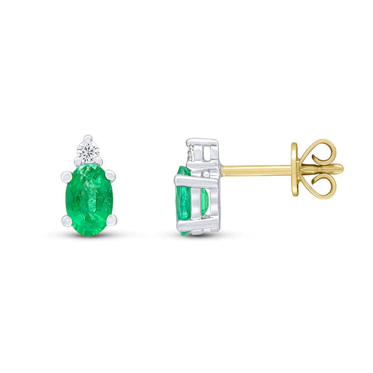 OVAL EMERALD AND DIAMOND CLAW SET TWO STONE EARRINGS