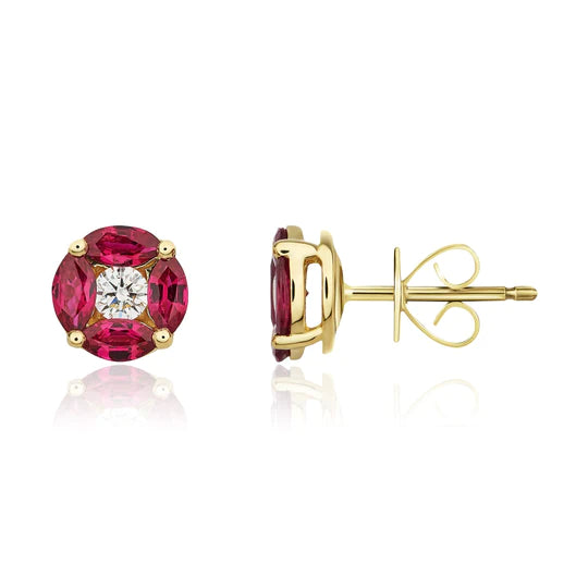 MARQUISE RUBY AND DIAMOND ROUND CLUSTER STUD EARRINGS