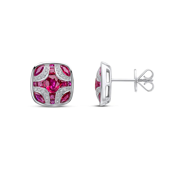 WHITE GOLD RUBY AND DIAMOND SHEILD STUD EARRINGS