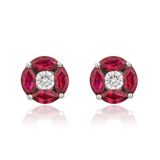 MARQUISE RUBY AND DIAMOND ROUND CLUSTER EARRINGS
