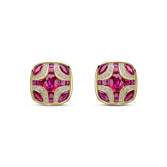 WHITE GOLD RUBY AND DIAMOND SHEILD STUD EARRINGS