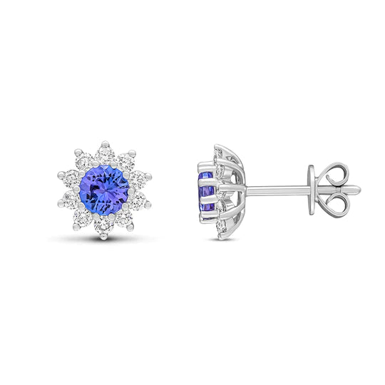 ROUND TANZANITE AND DIAMOND FANCY CLUSTER STUD EARRINGS