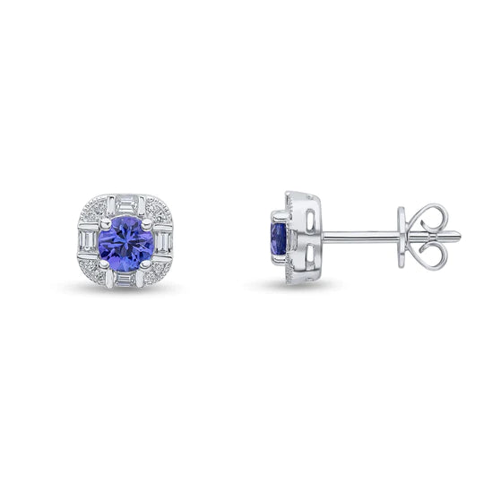 TANZANITE AND ROUND AND BAGUETTE DIAMOND STUD EARRINGS
