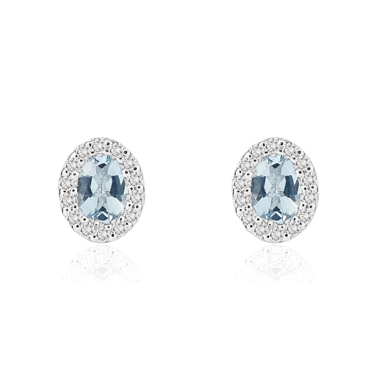 WHITE GOLD OVAL AQUAMARINE AND DIAMOND CLUSTER EARRINGS