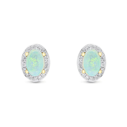 YELLOW GOLD OVAL OPAL AND DIAMOND EARRINGS