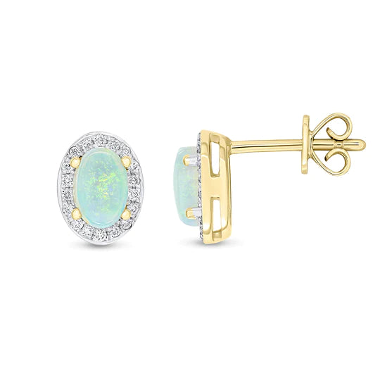 YELLOW GOLD OVAL OPAL AND DIAMOND EARRINGS