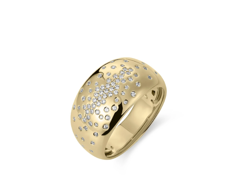 Gold ring with embedded diamonds on a white background Fogal and Barnes 