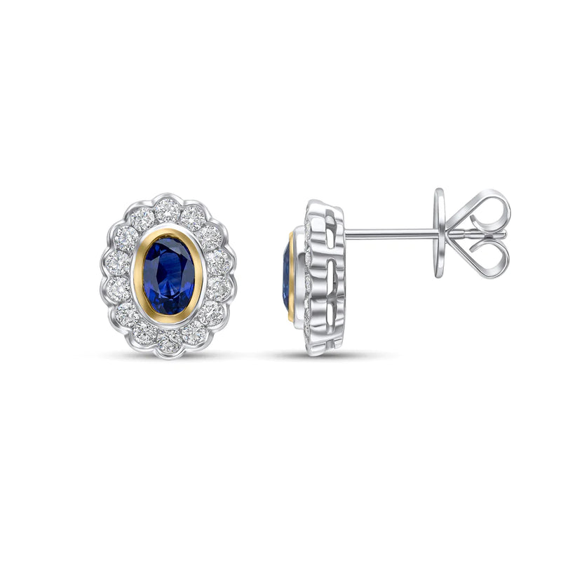 WHITE & YELLOW GOLD OVAL SAPPHIRE STUD EARRINGS